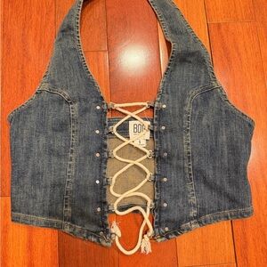 BDG Denim Halter Top with Lace-Up Back